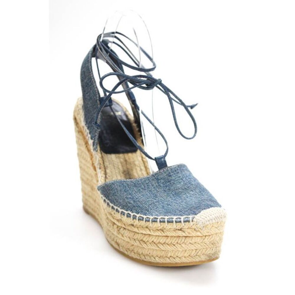 Saint Laurent  Womens Wedges Size 7.5 Denim Espadrilles  Lace Up